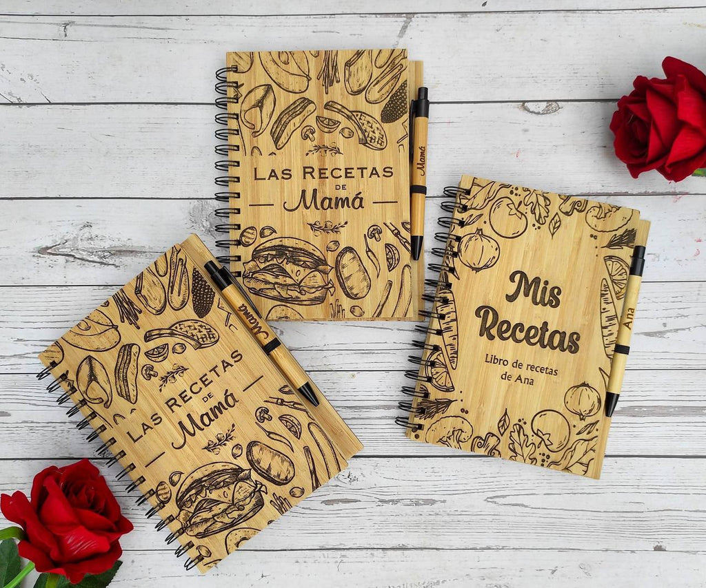 ¡LIBRO DE RECETAS PERSONALIZADO EN MADERA CON NOMBRE Y BOLÍGRAFO!