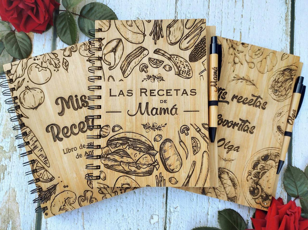 ¡LIBRO DE RECETAS PERSONALIZADO EN MADERA CON NOMBRE Y BOLÍGRAFO!
